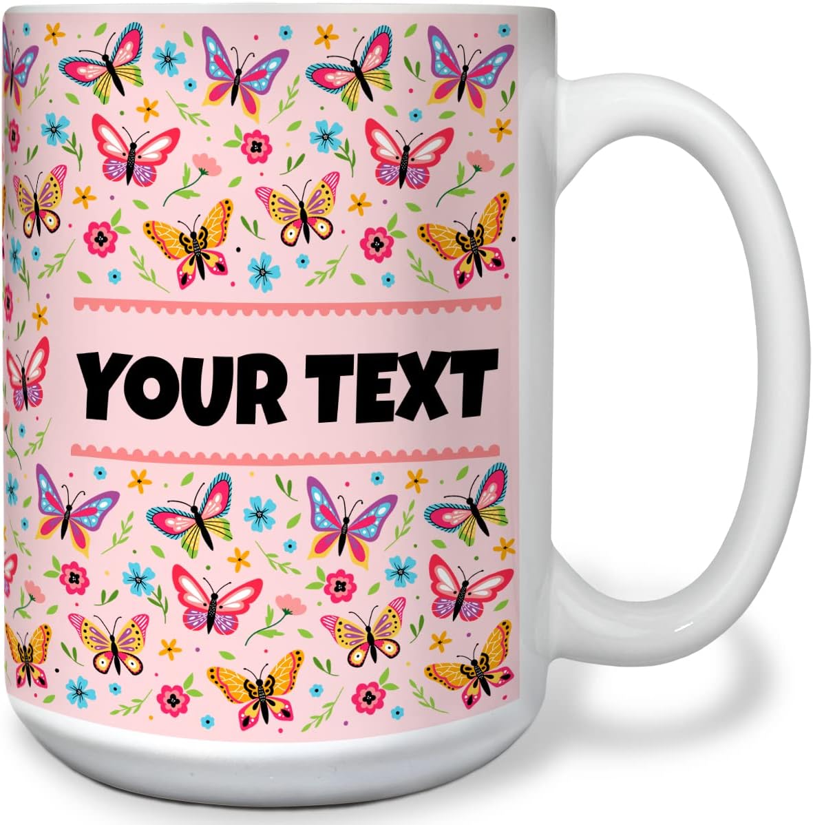Personalized Mug for Kids - Butterflies - Custom Name/Text, Ceramic Hot Chocolate/Cocoa/Coffee Cup for Girls, Birthday/Christmas/Holiday Gift - 15 oz, White Handle