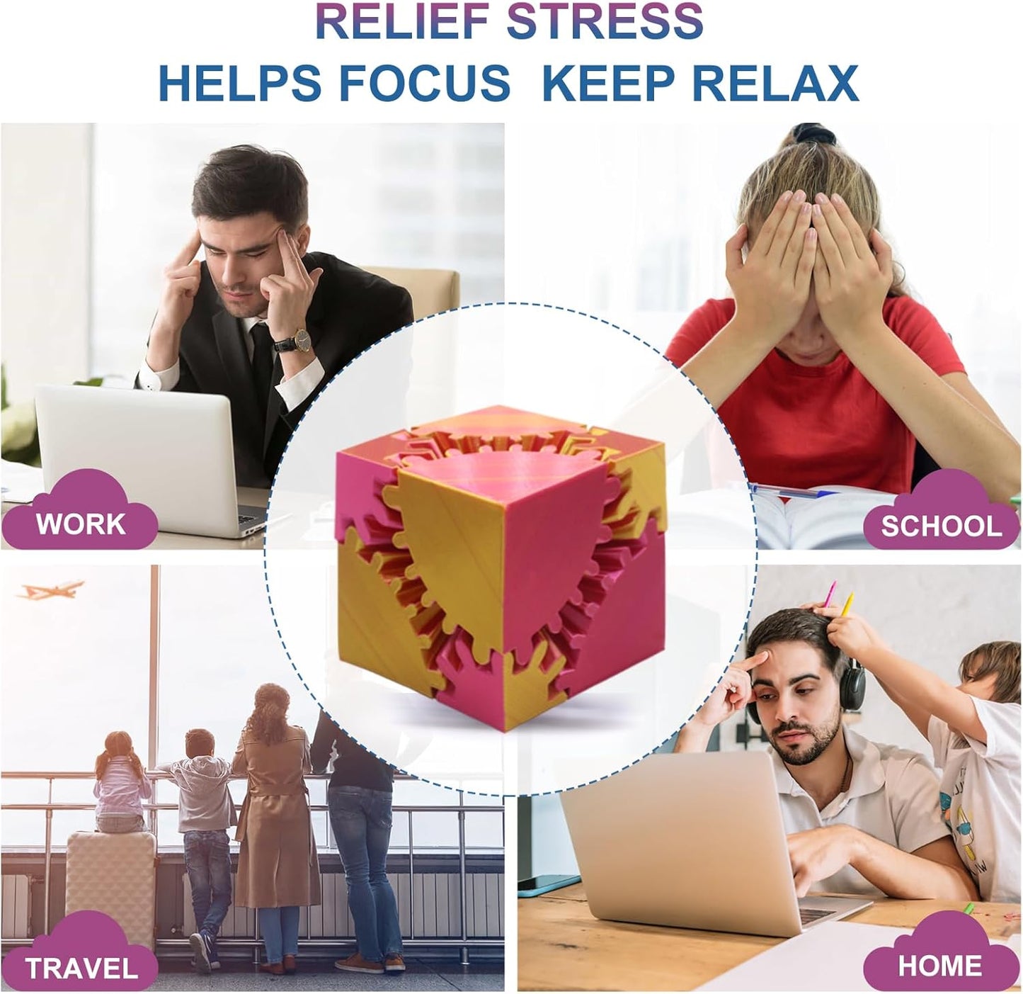 Gear Sphere Gear Cube 3D Printed Gear Ball Spin Cube Fidget Toy Relieving Stress & Anxiety, Fidget Cube GearSphere Desk Toy, Whirling Wonder Fidget for Sensory and Autism (Laser Red Gold)