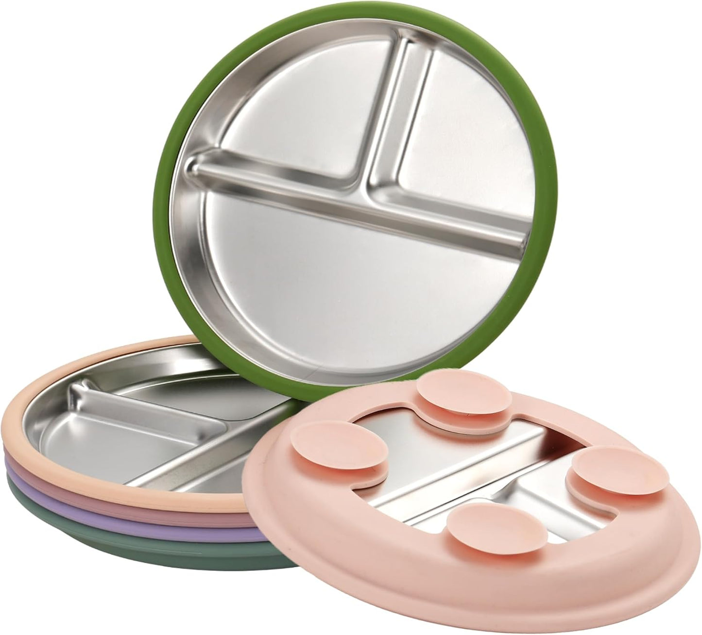 3Pack Stainless Steel Kids Plates, 8.1" Divided Toddler Plates with Removable Silicone Suction Sleeves for Baby Highchairs, Non Toxic BPA Free Non-Slip Unbreakable Snack Lunch Plate