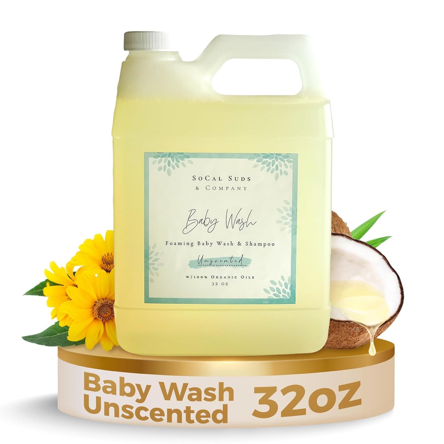 SoCal Suds & Company - 2-in-1 Organic Foaming Baby Wash Castile Soap & Shampoo Refill - Gentle Body Soap for Sensitive Gentle Bath -Nourishing Soothing Ingredients -Newborn Baby - Fragrance Free, 32oz