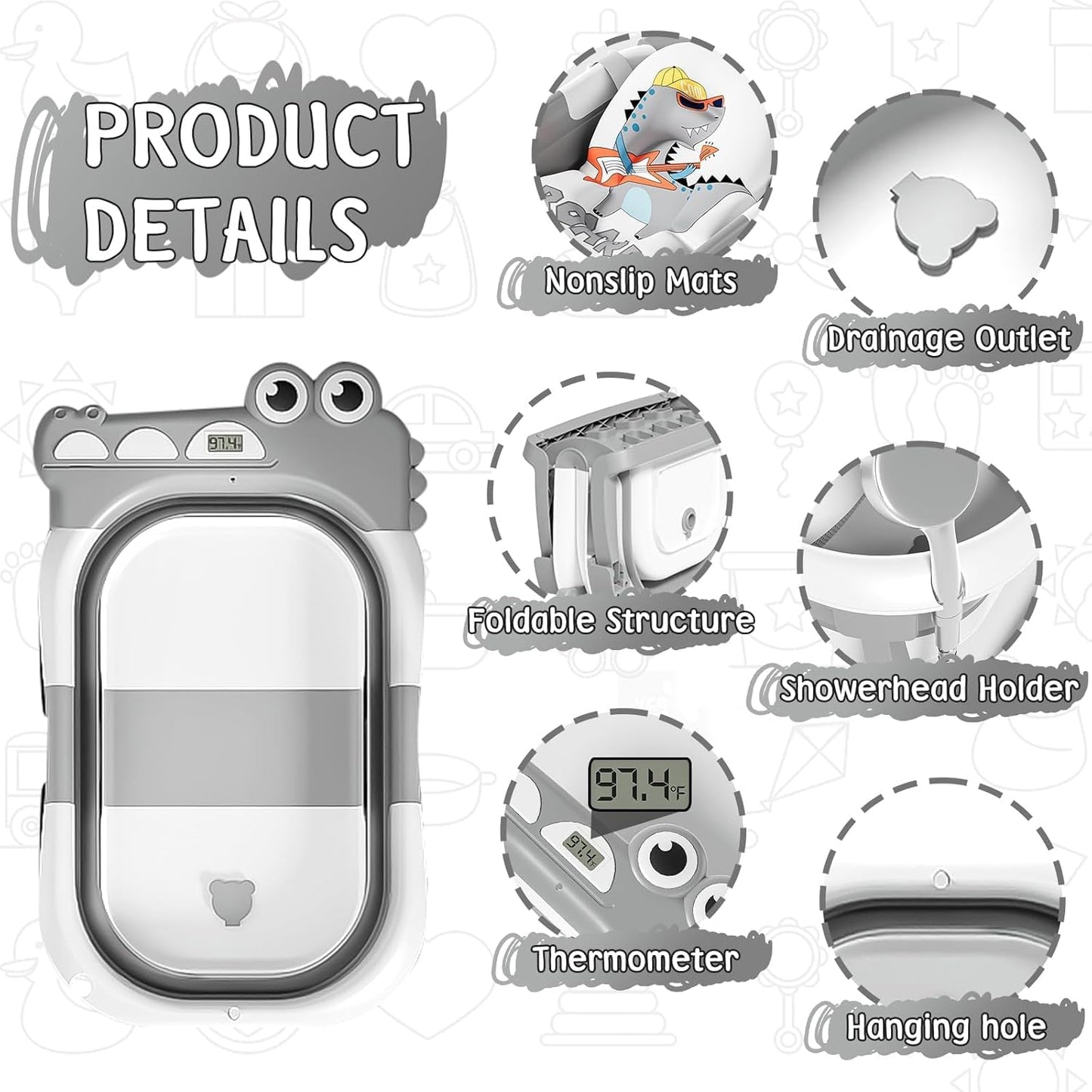 MoreFeel Collapsible Baby Bathtub for Newborn with Thermometer & 1 Hooded Towel & 1 Soft Floating Cushion,Portable Travel Bathtub with Drain Hole, Durable Foldable Baby Tubs for Infants to Toddler