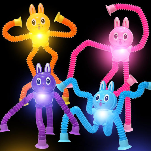 Easter Bunny LED Pop Tubes Light Up 4 Pcs Sensory Fidget Toys, Telescopic Suction Cup Easter Basket Stuffers Easter Egg Fillers Toys Party Favors Game Prizes Goody Bags Treats Gifts for Kids 3+