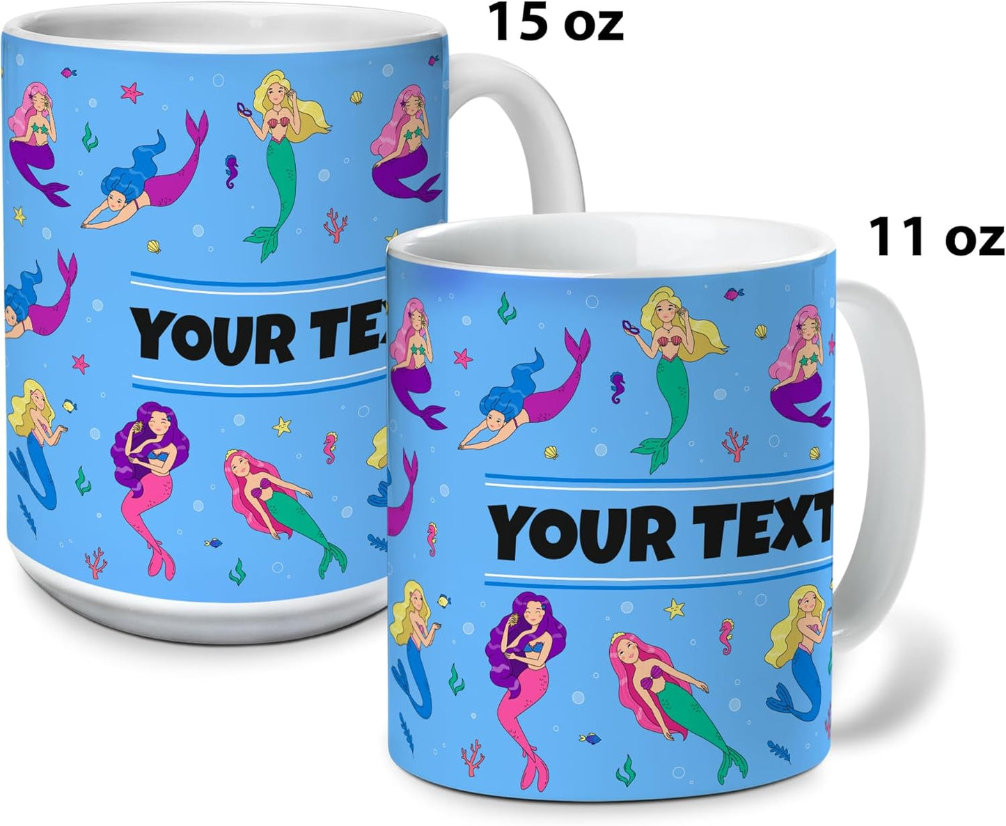 Personalized Mug for Kids - Mermaids - Custom Name/Text, Ceramic Hot Chocolate/Cocoa/Coffee Cup for Girls, Birthday/Christmas/Holiday Gift - 15 oz, Light Blue Handle