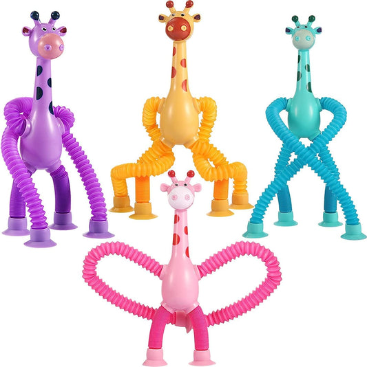 Bendable Giraffe Figures, Set of 4 Flexible Giraffes, Telescopic Suction Cup Giraffe Toy, Telescopic Pop Tubes, Fidget Tubes Sensory Toys for Girls Boys