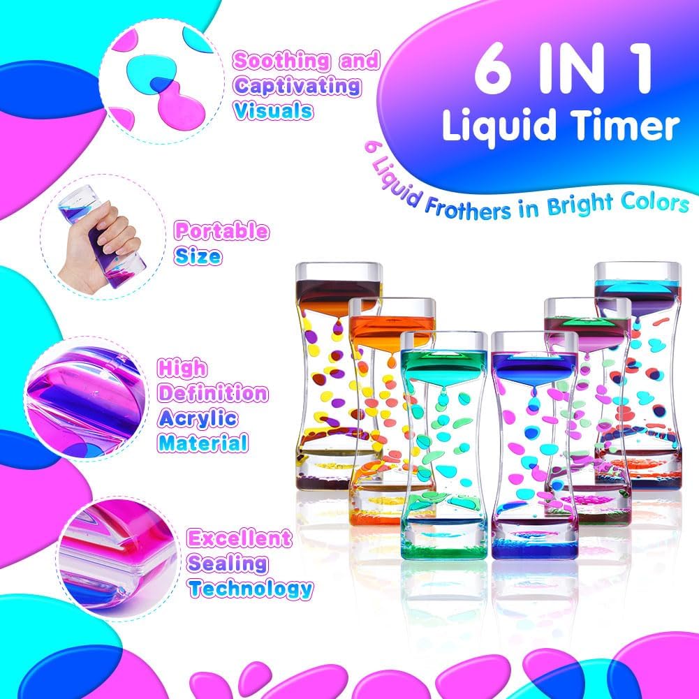 6 Pcs Liquid Motion Bubbler Timer, Oil Hourglass Liquid Sensory Calming Toy, Office Desk Toys Novelty Toys Fidget Toys for Kids and Adults Stress Relief and Anxiety Fidget Water Timers