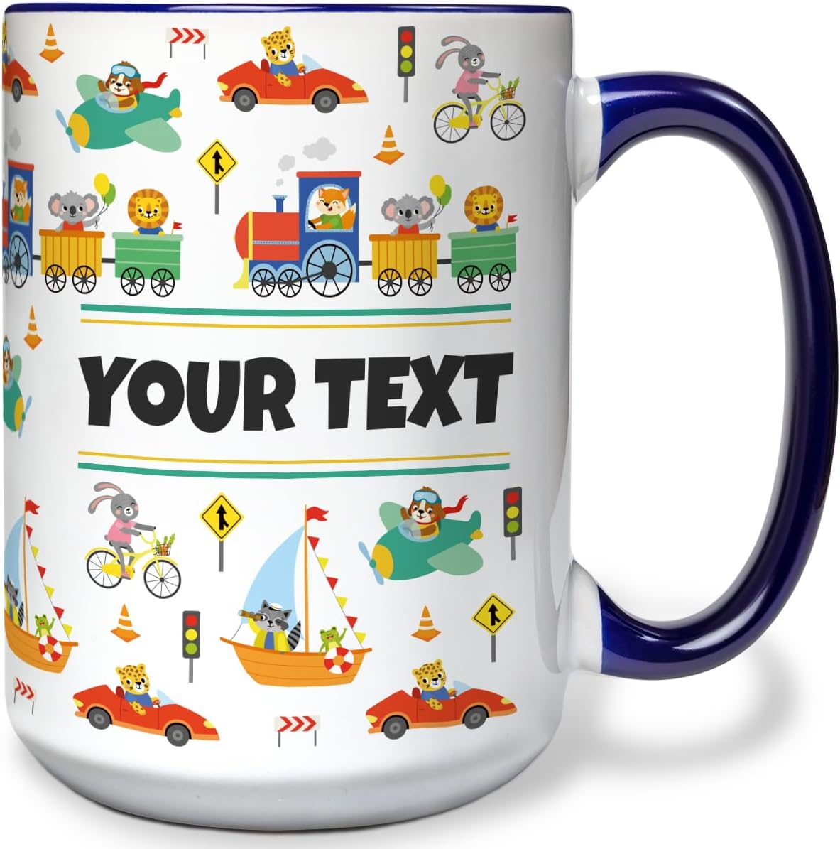 Personalized Mug for Kids - Vehicles - Custom Name/Text, Ceramic Hot Chocolate/Cocoa/Coffee Cup for Boys, Birthday/Christmas/Holiday Gift - 15 oz, Navy Blue Handle