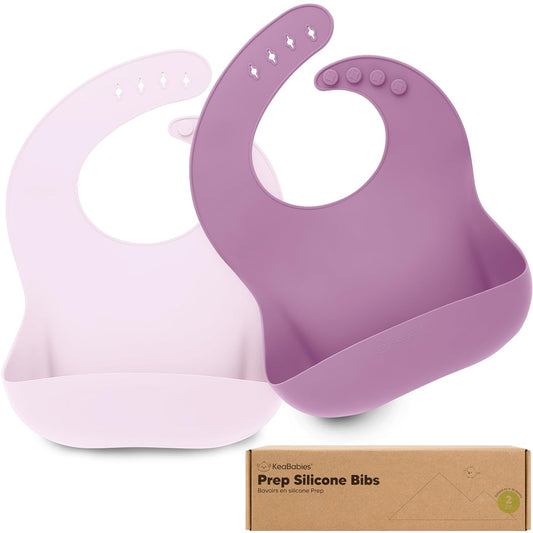 KeaBabies 2-Pack Silicone Baby Bibs for Eating - Sturdy Food-Grade Silicone Bibs for Babies Girl, Boy, Large Food Catcher, Clean & Put On Easily, Waterproof Toddler Feeding Essentials (Amethyst)