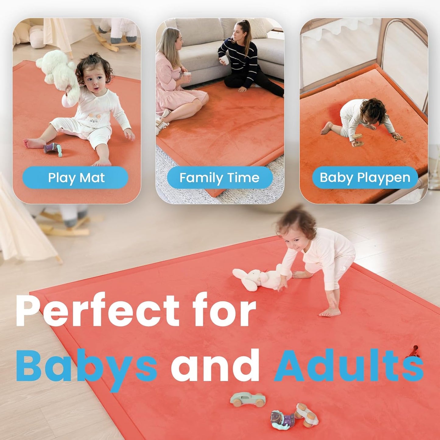 Ultra Soft Baby Play Mat,71"×79" Extra Large Activity Tummy Time Mat for Toddlers,Infants,Kids,1.3" Thick Elasti-Foam Nursery Rug for Floor,Non-Slip Safe for Crawling,Water-Repellent(Brick)