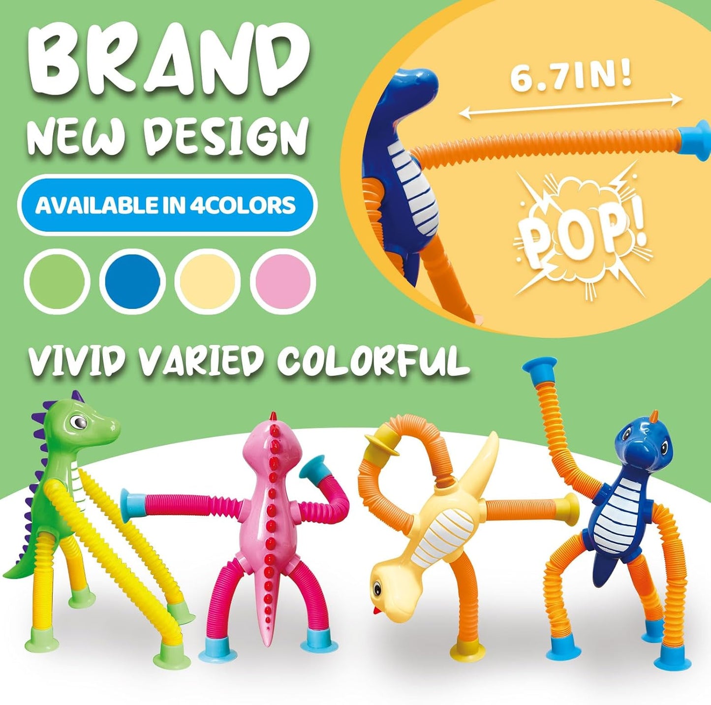 Dinosaur Pop Tubes Toys LED Light Up Mini Figures Fidget Sensory Toys Dino Telescopic Suction Cup Gift Sets, Toddler Autism Stress Relief Party Favors Prizes Stocking Stuffers for Kids 3+