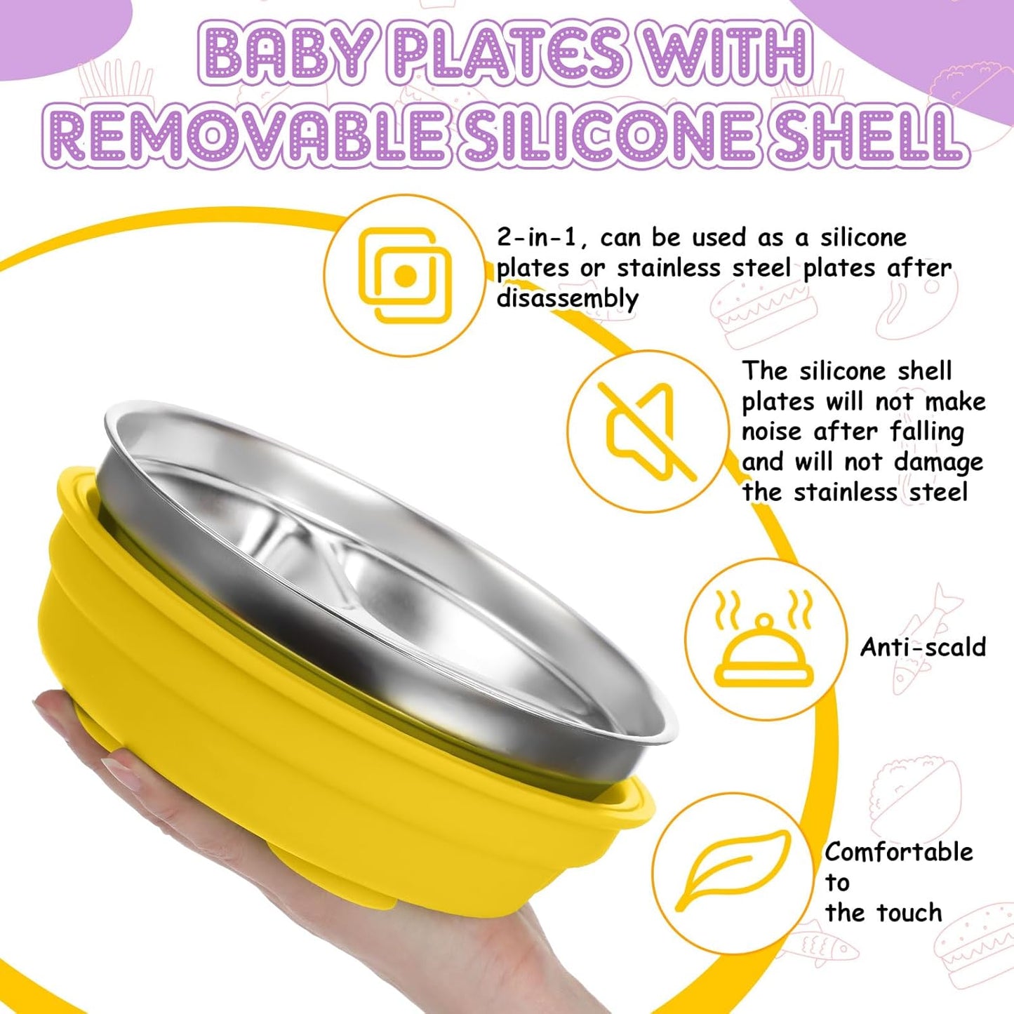Nuogo 2 Pcs Stainless Steel Baby Suction Plates with Removable Silicone Shell 2-in-1 Metal Toddler Bowl Divided for Picky Eaters Kid Feeding Led Weaning Supply, Dishwasher Safe (Yellow,Purple)