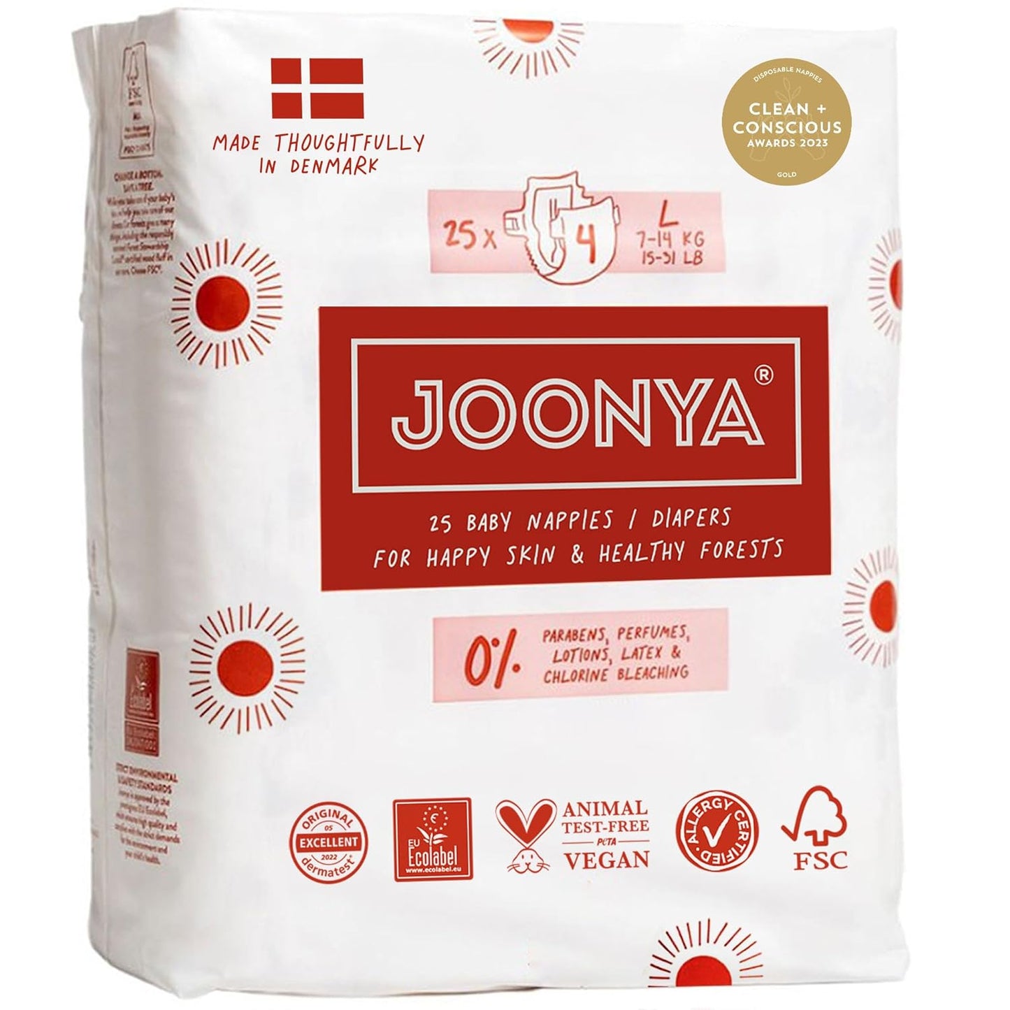 Joonya Baby Diapers, Size 4 L (15-31 lb) - 1 Bag of 25 - New Range - NonToxic, Eco-Friendly, Ultra Slim, Overnight Use - Made in Denmark
