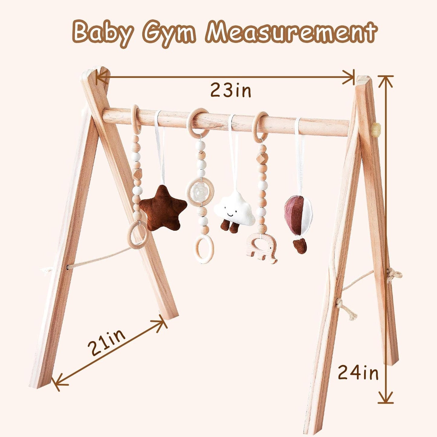 Wooden Baby Play Gym with Mat, Foldable Baby Play Gym Frame Activity Gym Hanging Bar with 6 Gym Baby Toys Rainbow Playmats for Newborn Baby (Natural)