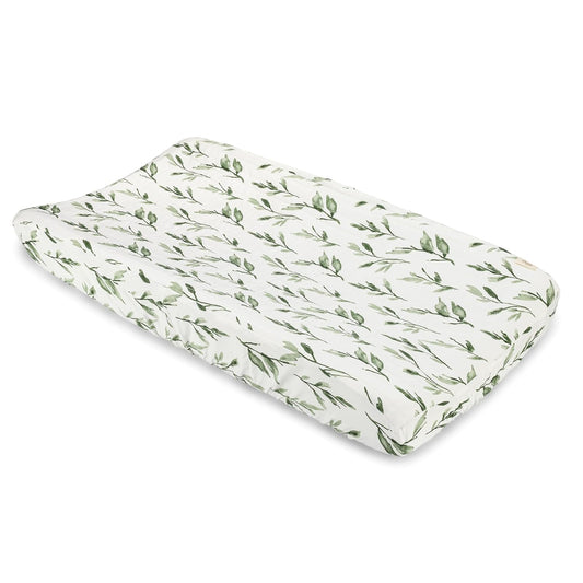 Crane Baby Green Leaf, Quilted Changing Pad Cover, 100% Cotton Sateen, 16in X 32in, Fitted with Elastic, Soft, Machine Washable, Neutral Nursery Essential