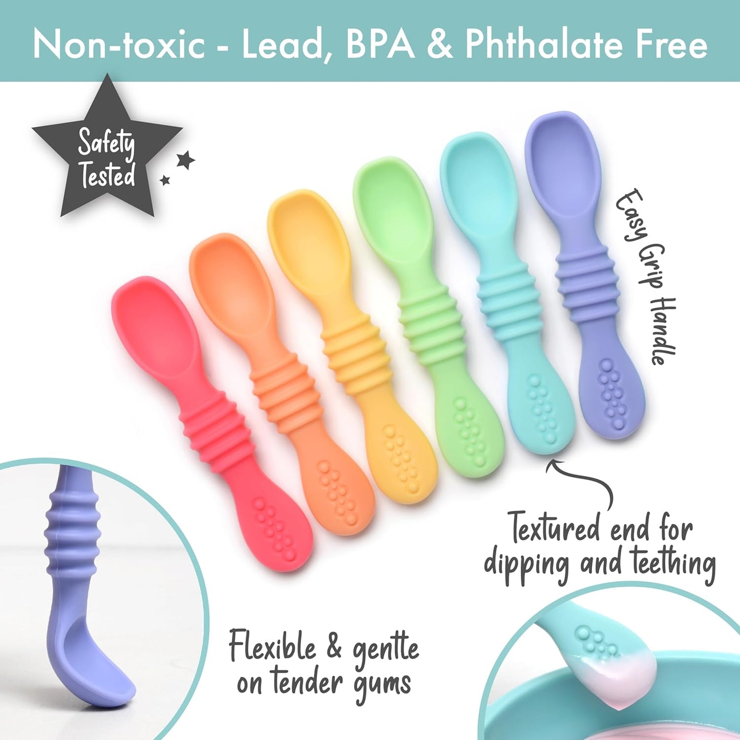 PrimaStella Silicone Chew Spoon Set for Babies and Toddlers | Safety Tested | BPA Free | Microwave, Dishwasher and Freezer Safe (Summer Rainbow Chew Spoon)