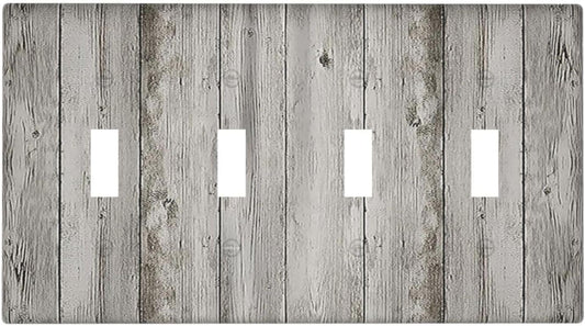 Light Switch Covers Farmhouse Rustic Grey Barn Door Wood Quad Toggle Electrical Faceplate 4 Gang Wall Plate Decorative Switch Plates for Bedroom Cabin Decor