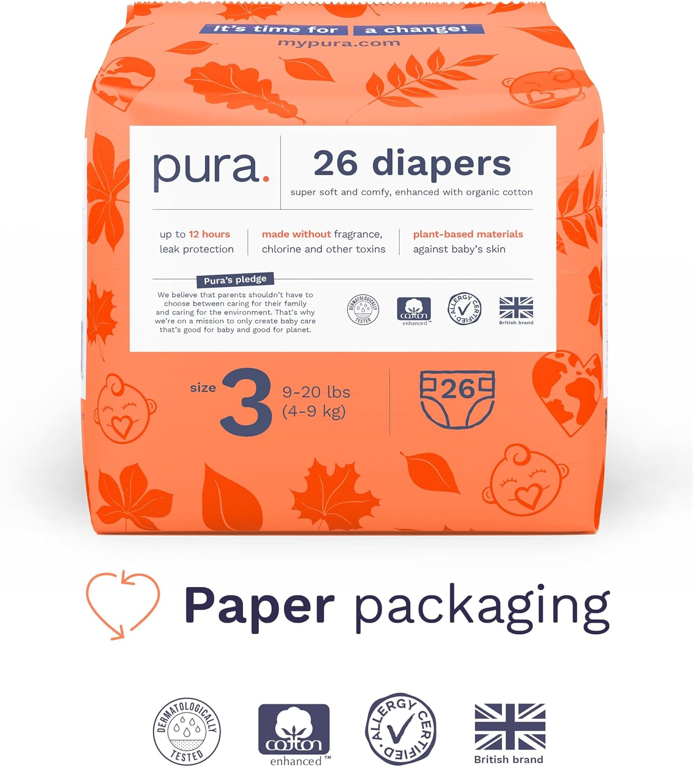 Pura Size 3 Eco-Friendly Diapers (9-20 lbs) Totally Chlorine Free (TCF) Hypoallergenic, Soft Organic Cotton, Sustainable, up to 12 Hours Leak Protection, Allergy UK, 1 Pack of 26 Diapers