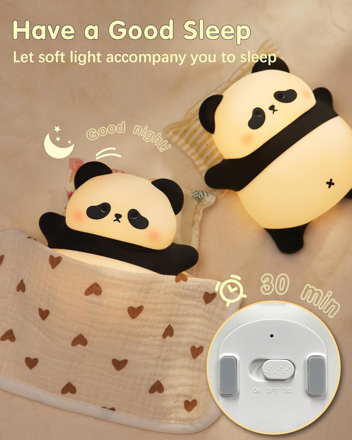 Voice Control Panda Night Light, 6 Colors 30-Minute Timer, Cute Animal Silicone Nursery Night Light Rechargeable Table Lamp Bedside Lamp with Touch Sensor for Baby Girls Women Bedrooms, Living Room