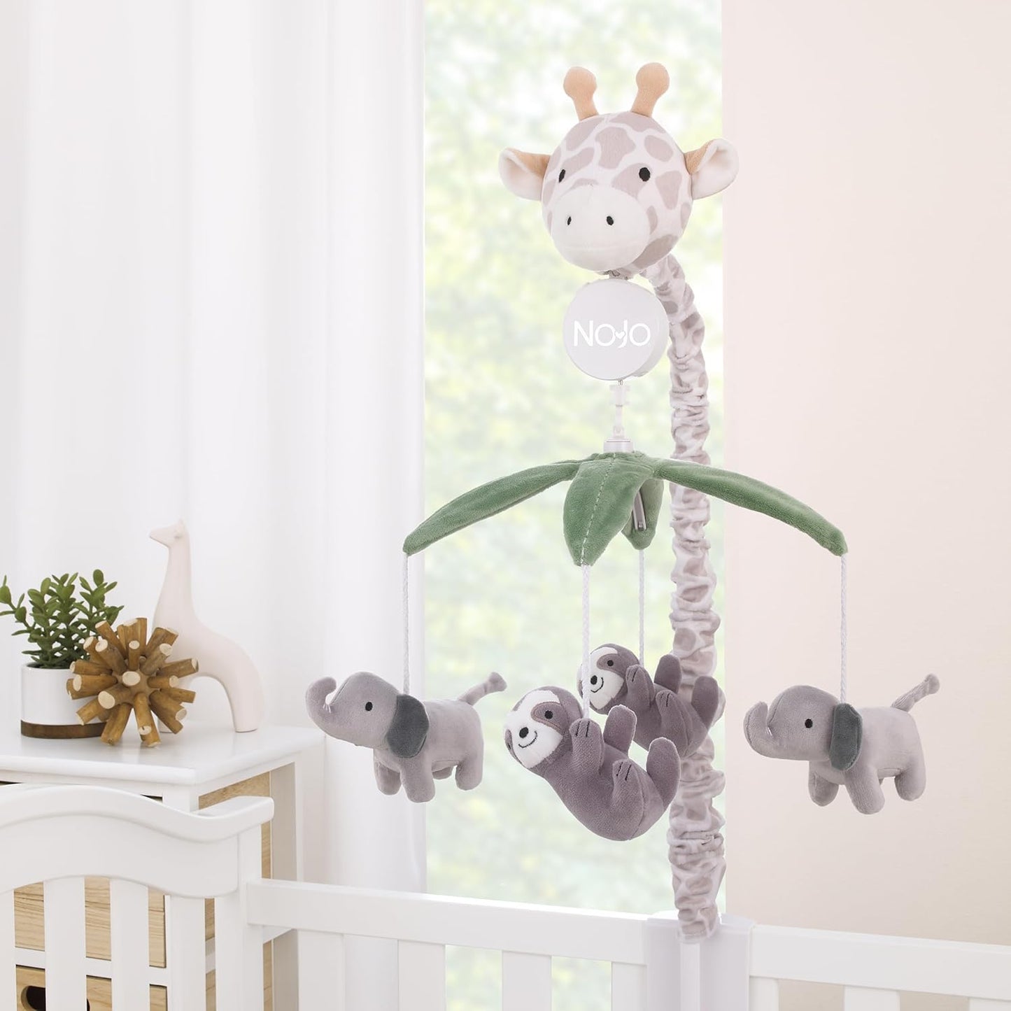 NoJo Plush Giraffe Taupe, Green, and Gray Elephants and Sloth's Musical Mobile