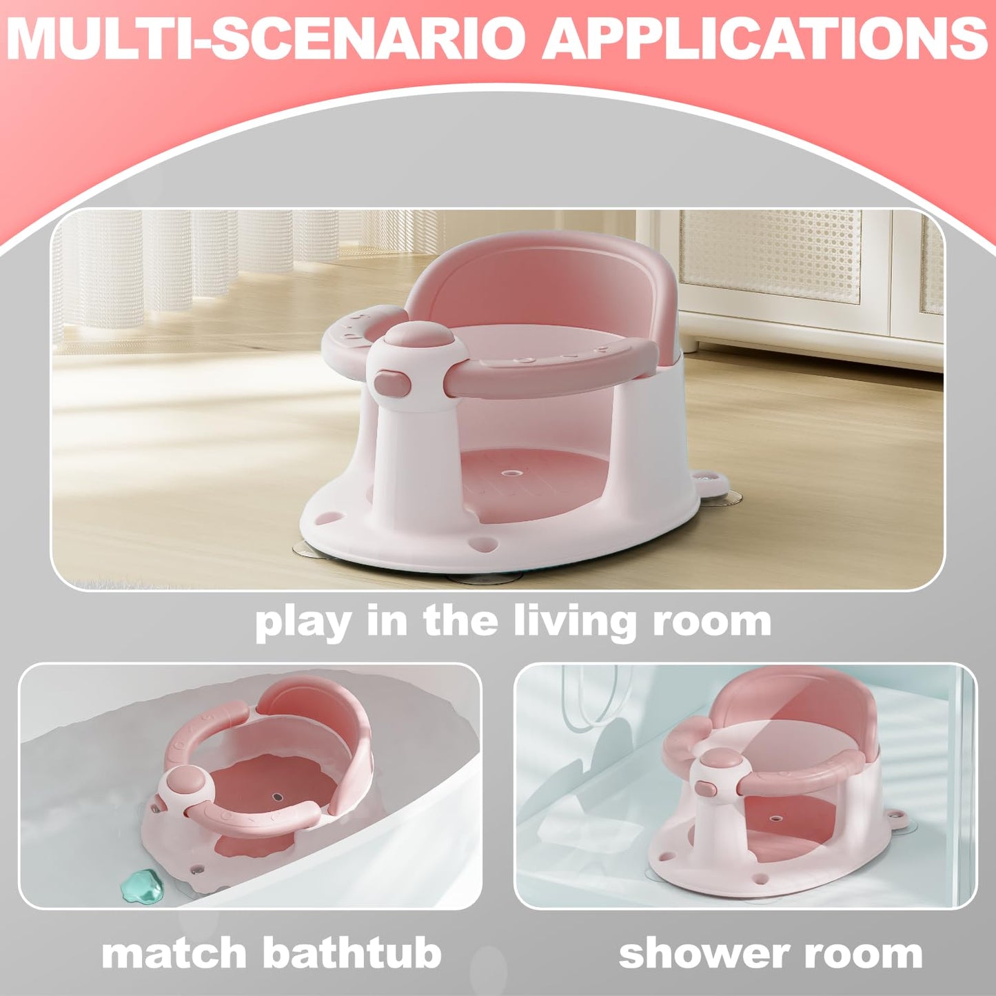 Baby Bath Seat, Bath Seat for Baby 6 Month & up, Baby Bath tub Seat with Suction Cups, Non-Slip, Detachable, Pink