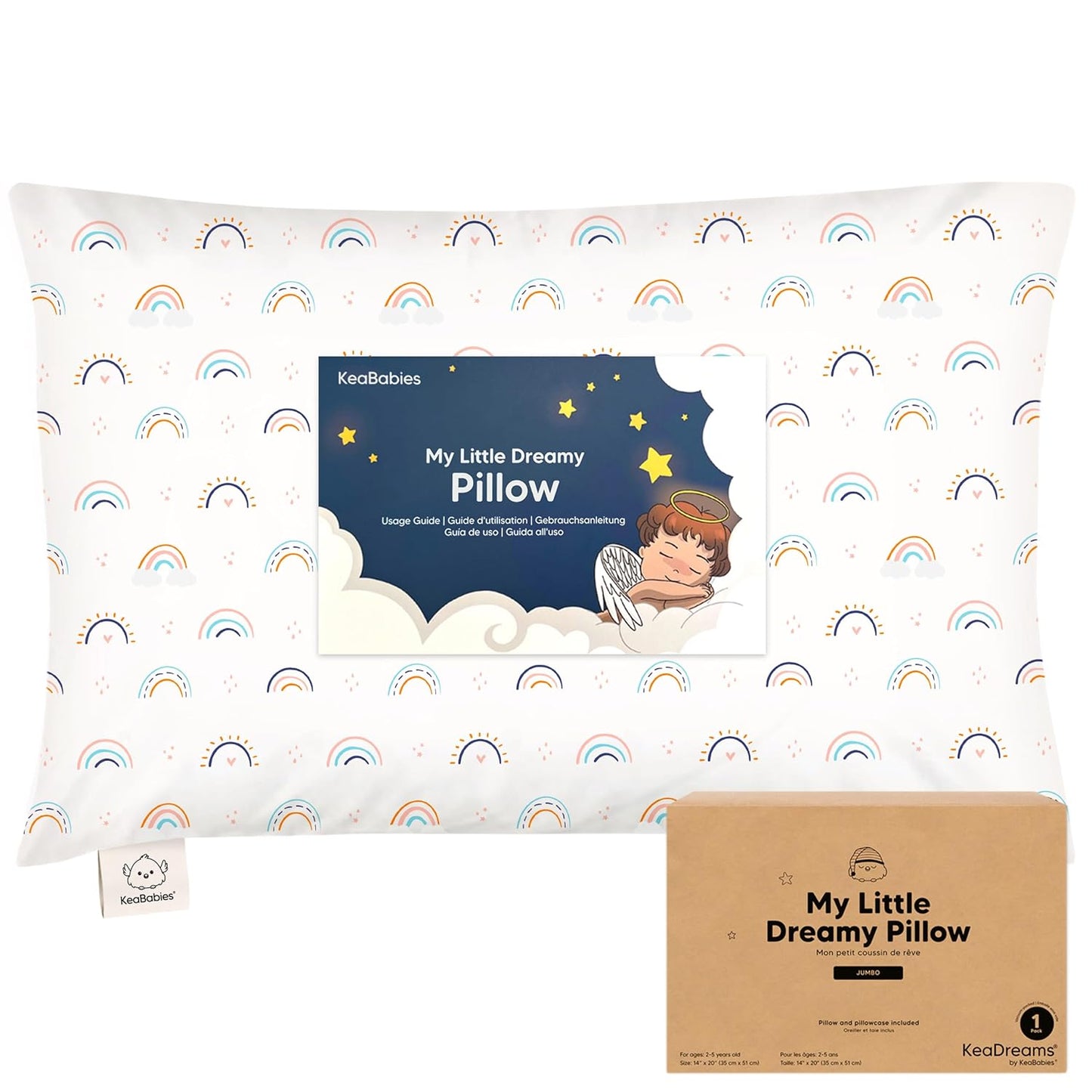 KeaBabies Toddler Pillow with Pillowcase, Jumbo 14X20 - Soft Organic Cotton Toddler Pillows for Sleeping - Machine Washable - Perfect for Travel, Toddler Bed Set (Jolly Rainbow)