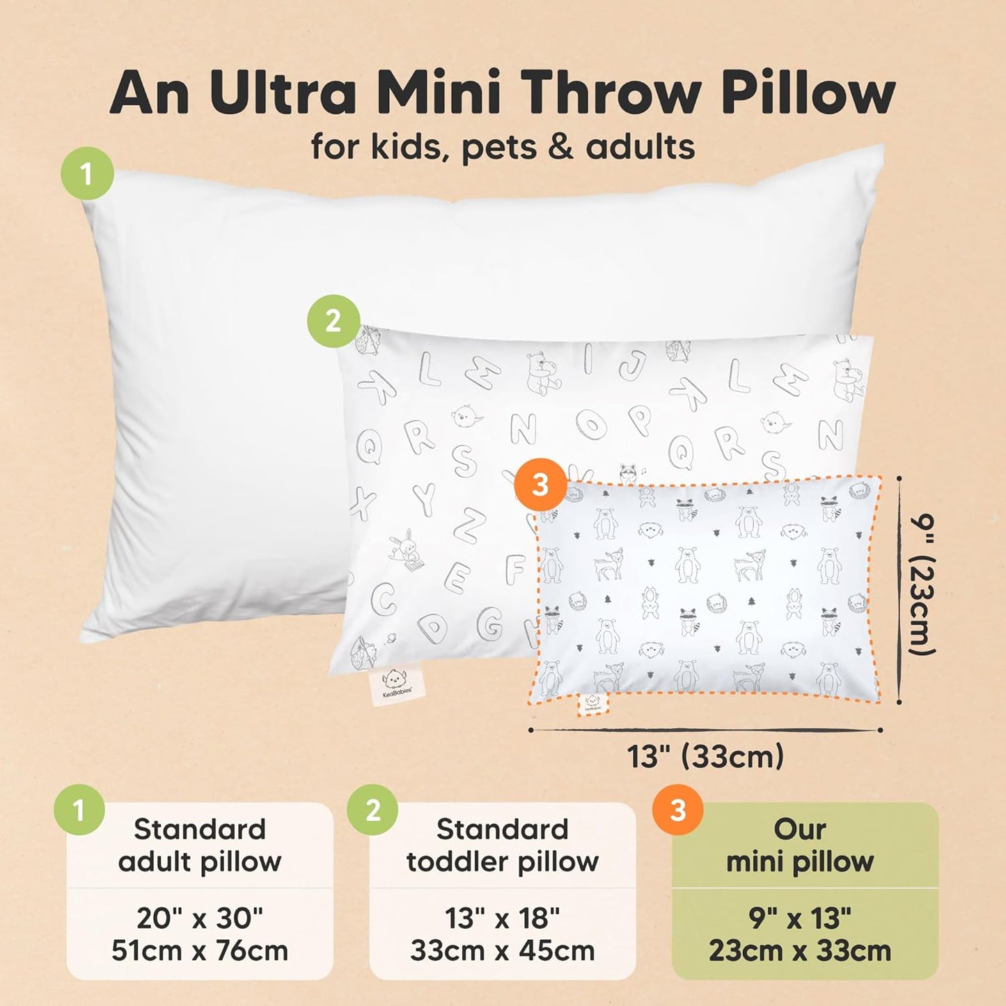 Mini Toddler Pillow with Pillowcase - 9x13 My Little Dreamy Travel Kids Pillow for Sleeping, Toddler Bed, Small, Tiny, Organic Cotton Pillowcase, Soft & Breathable, Kids 2-4 Years Old (KeaFriends)