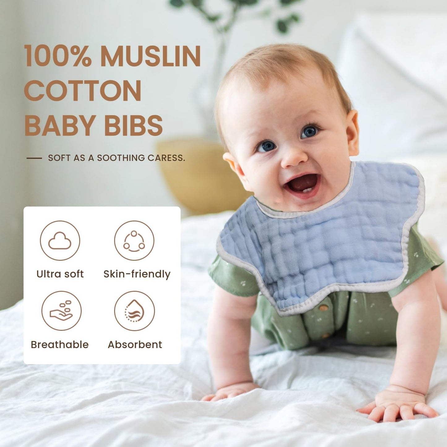 MUKIN Baby Drooling Towel, Snap Bibs, Muslin Bibs, 6 Pack, Adjustable, Soft Cotton