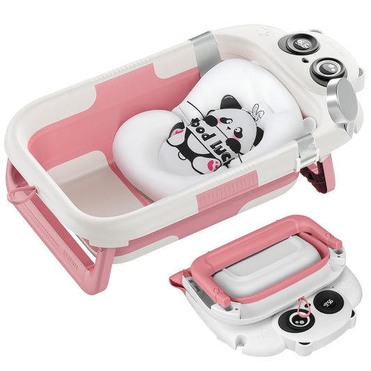 Foldable Baby Bathtub, Lightweight Bathtub for Infants to Toddlers with Soft Cushion & Thermometer, Portable Baby Tub Newborn to Toddler 0-36 Months(Pink)