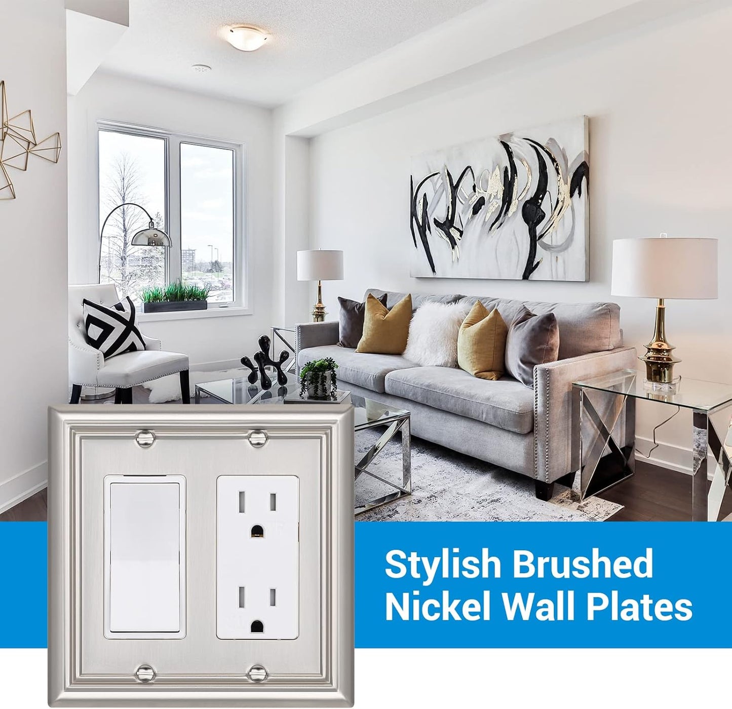 DEWENWILS Double Decorator Wall Plates, Brushed Nickel Outlet Covers, Metal Face Plates for Electrical Outlets, GFCI, Dimmer Switch, 2-Pack