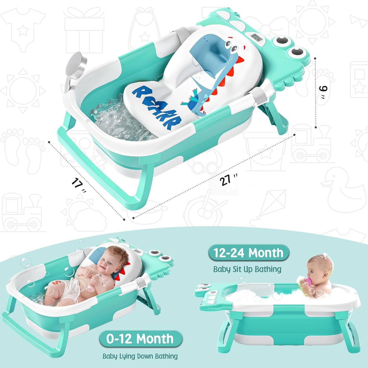 MoreFeel Collapsible Baby Bathtub for Newborn with Thermometer & 1 Hooded Towel & 1 Soft Floating Cushion,Portable Travel Bathtub with Drain Hole, Durable Foldable Baby Tubs for Infants to Toddler