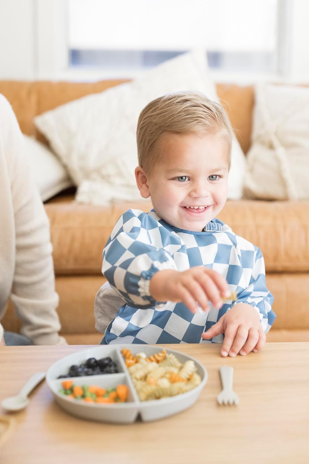 Tiny Twinkle Mess Proof Baby Bib,Waterproof Smock Baby Bib for Eating,Machine Washable Long Sleeve Bib,Baby Led Weaning,Toddler Bib (Checkers Blue, Large 2-4 Years)