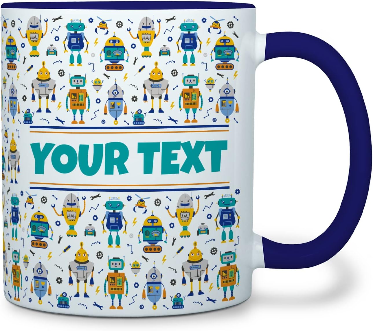 Personalized Mug for Kids - Robots - Custom Name/Text, Ceramic Hot Chocolate/Cocoa/Coffee Cup for Boys, Birthday/Christmas/Holiday Gift - 11 oz, Navy Blue Handle