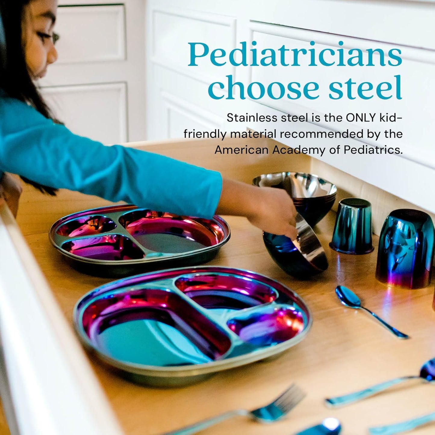 Ahimsa Stainless Steel Kids Dinnerware Set - 5 Piece Stainless Steel Toddler Plates and Bowls Set, Pediatrician Designed, Plastic Free Toddler Plate and Bowl, Kids Utensils and Cup (Blue)