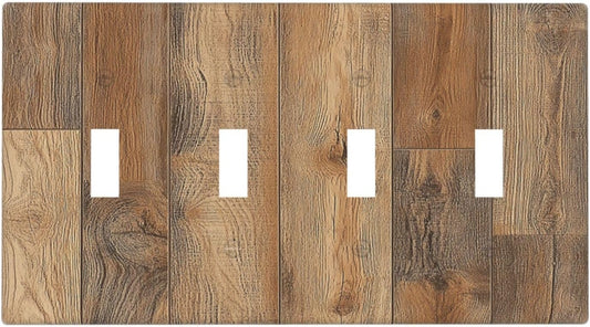 Light Switch Covers Retro Rustic Brown Wood Grain Quad Toggle Electrical Faceplate 4 Gang Wall Plate Decorative Switch Plates For Farmhouse Cabin Decor