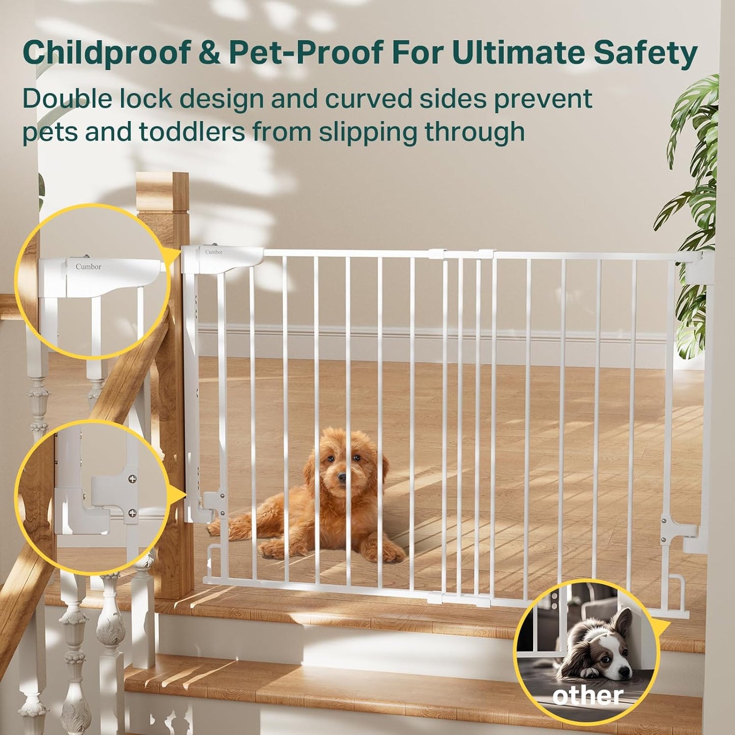 Cumbor 29.2-43" No Bottom Bar Baby Gate for Stairs, 2-in-1 Auto Close Dog Gate Indoor, Hardware Mounted Pet Gate for Doorways with Large Walk Thru Door, Child-Proof Safety Gate for Kids (White)