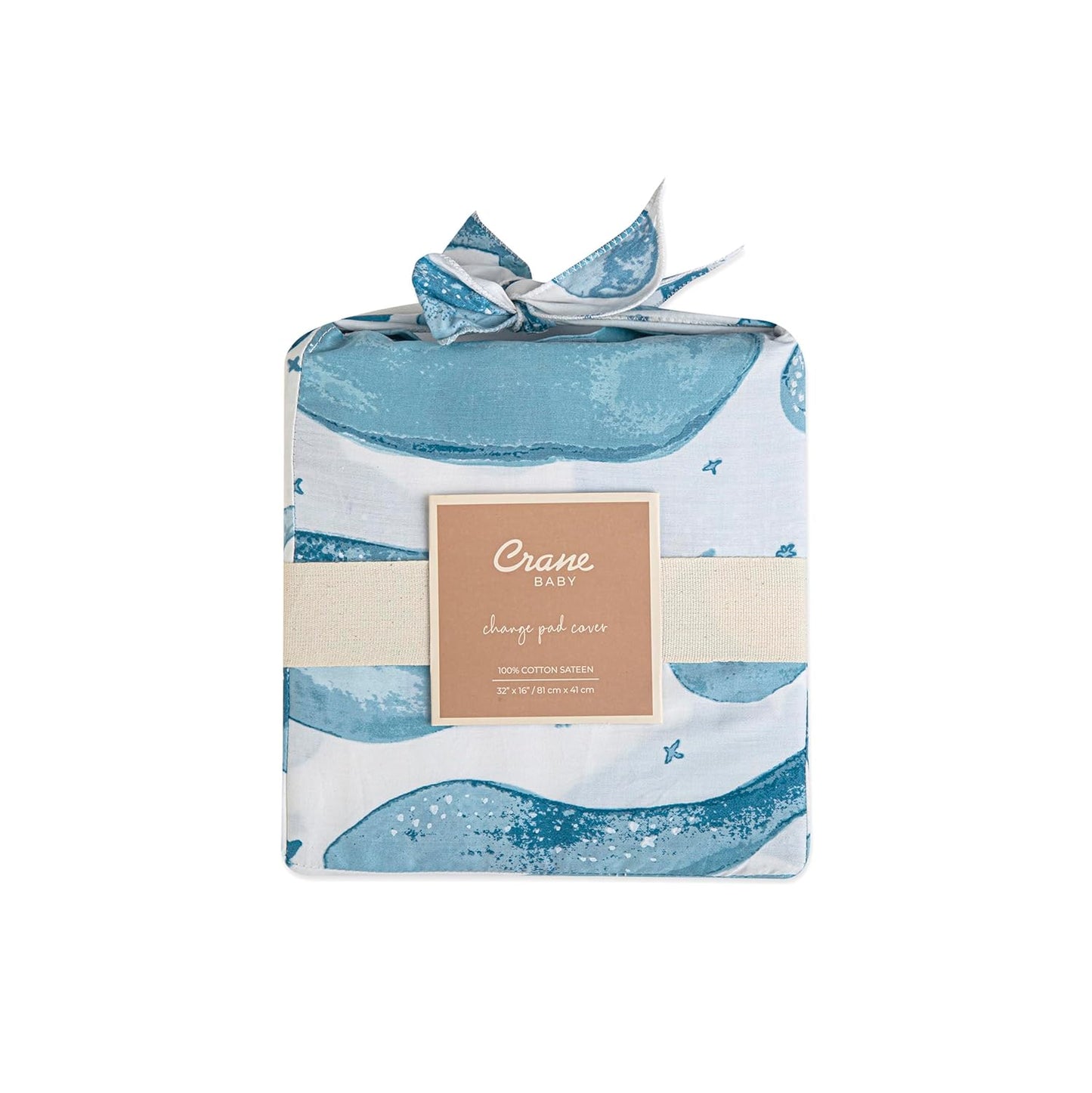 Crane Baby Quilted Changing Pad Cover with Animal Print, Breathable Cotton Sateen, Fits Standard 16”X32” Pads, Ocean Whale Blue