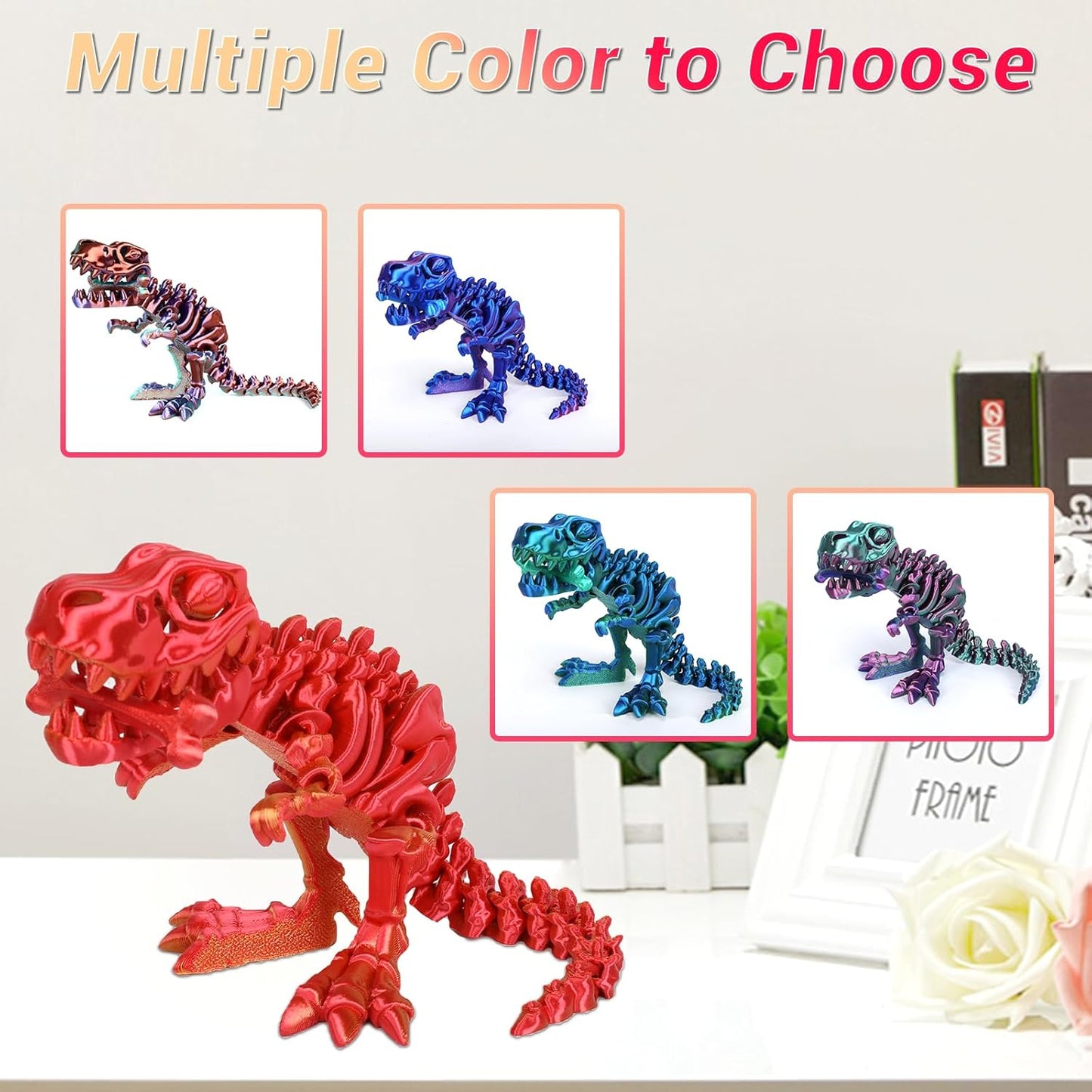3D Printed Dinosaur Bone Skeleton Tyrannosaurus Rex with Movable Jaw Fidget Dinosaur Toys Full Articulated Dinosaur Executive Desk Toys Home Office Decor, Red-2
