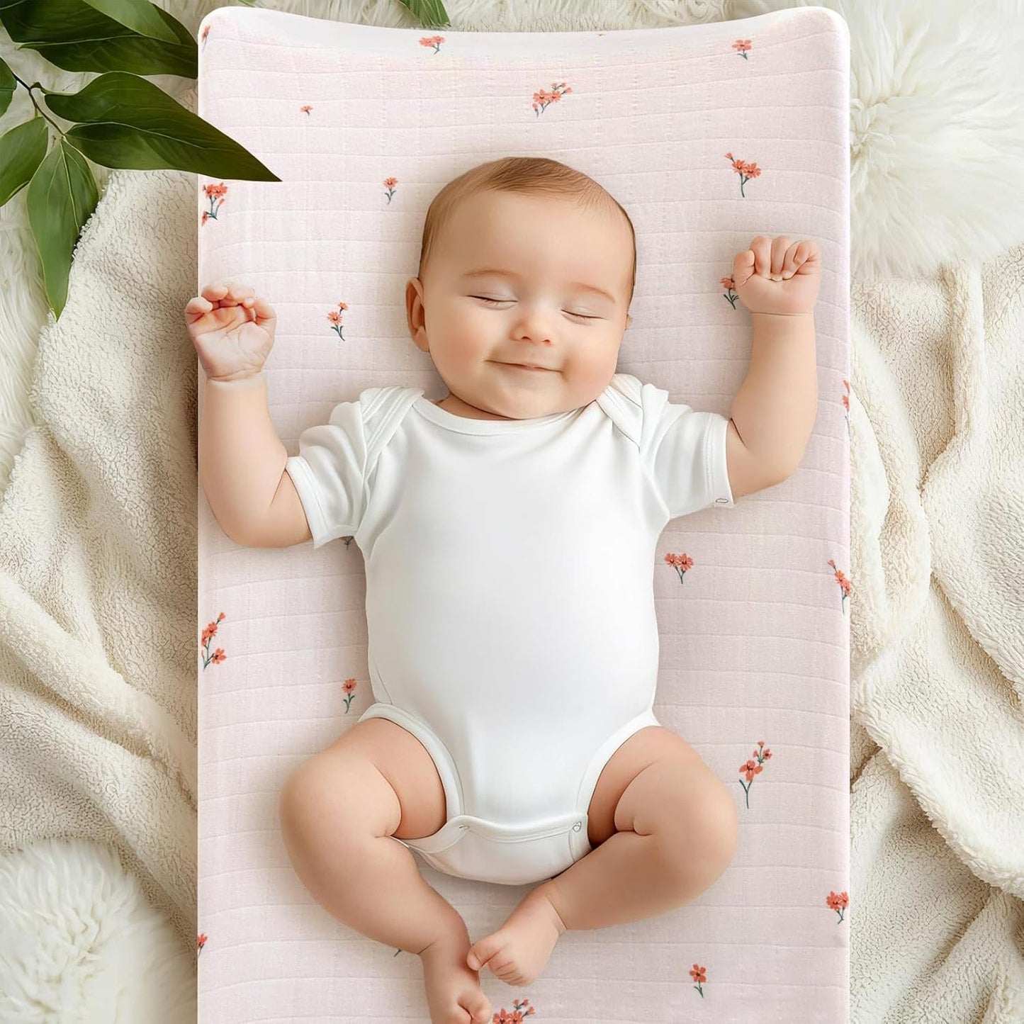 LifeTree Changing Pad Cover Unisex - Soft Muslin Fitted Diaper Changing Table Sheets for Boys and Girls - 16"x32" Organic Cotton - Flower and Peach Pink, 2 Pack