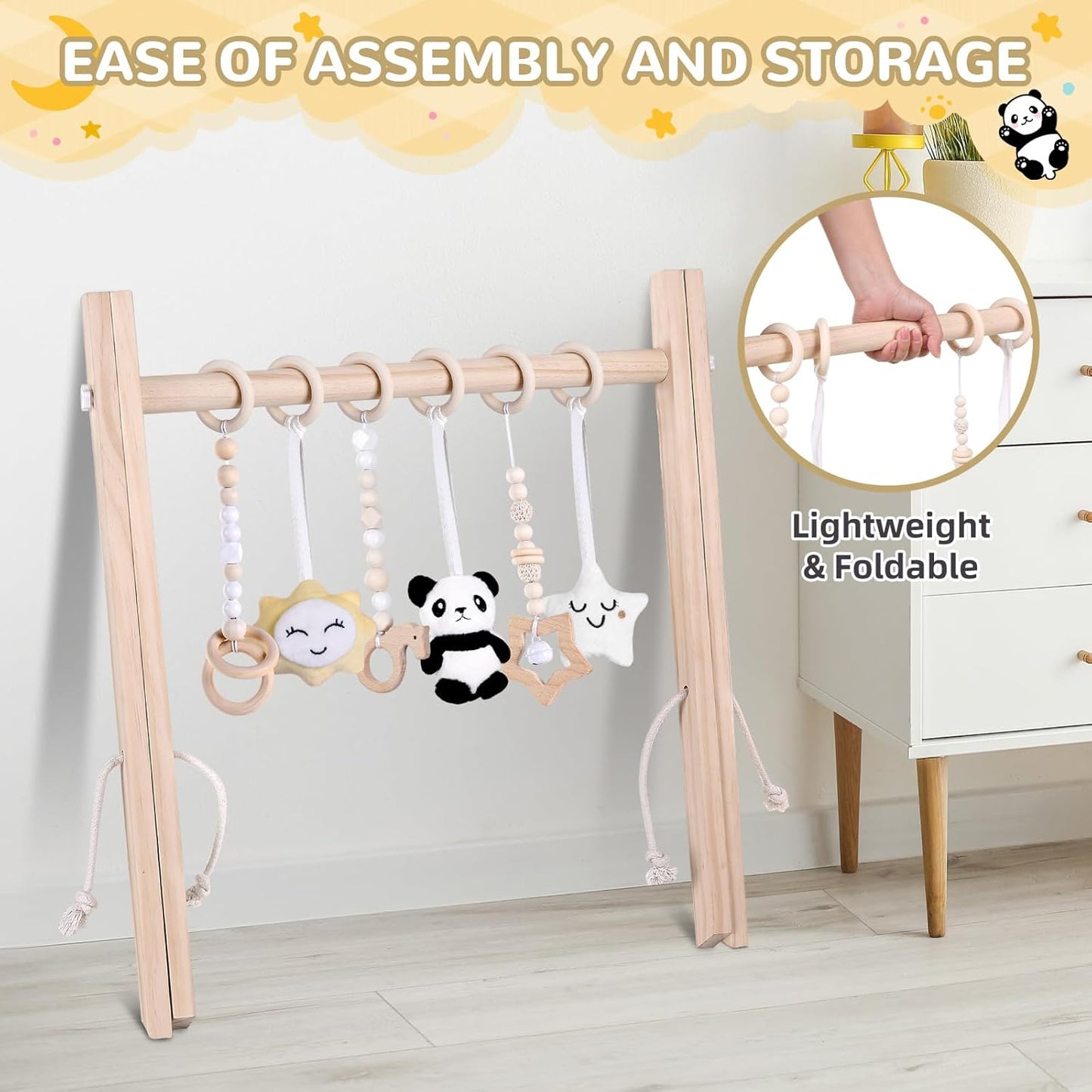 Wooden Baby Play Gym with Mat, Foldable Baby Activity Gyms with 6 Sensory Hanging Panda Toys, Tummy Time Baby Infant Toys (Butterfly)