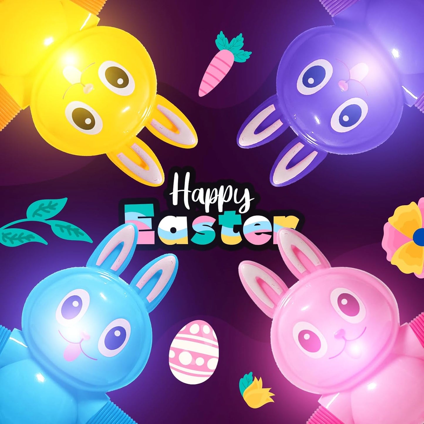 Easter Bunny LED Pop Tubes Light Up 4 Pcs Sensory Fidget Toys, Telescopic Suction Cup Easter Basket Stuffers Easter Egg Fillers Toys Party Favors Game Prizes Goody Bags Treats Gifts for Kids 3+