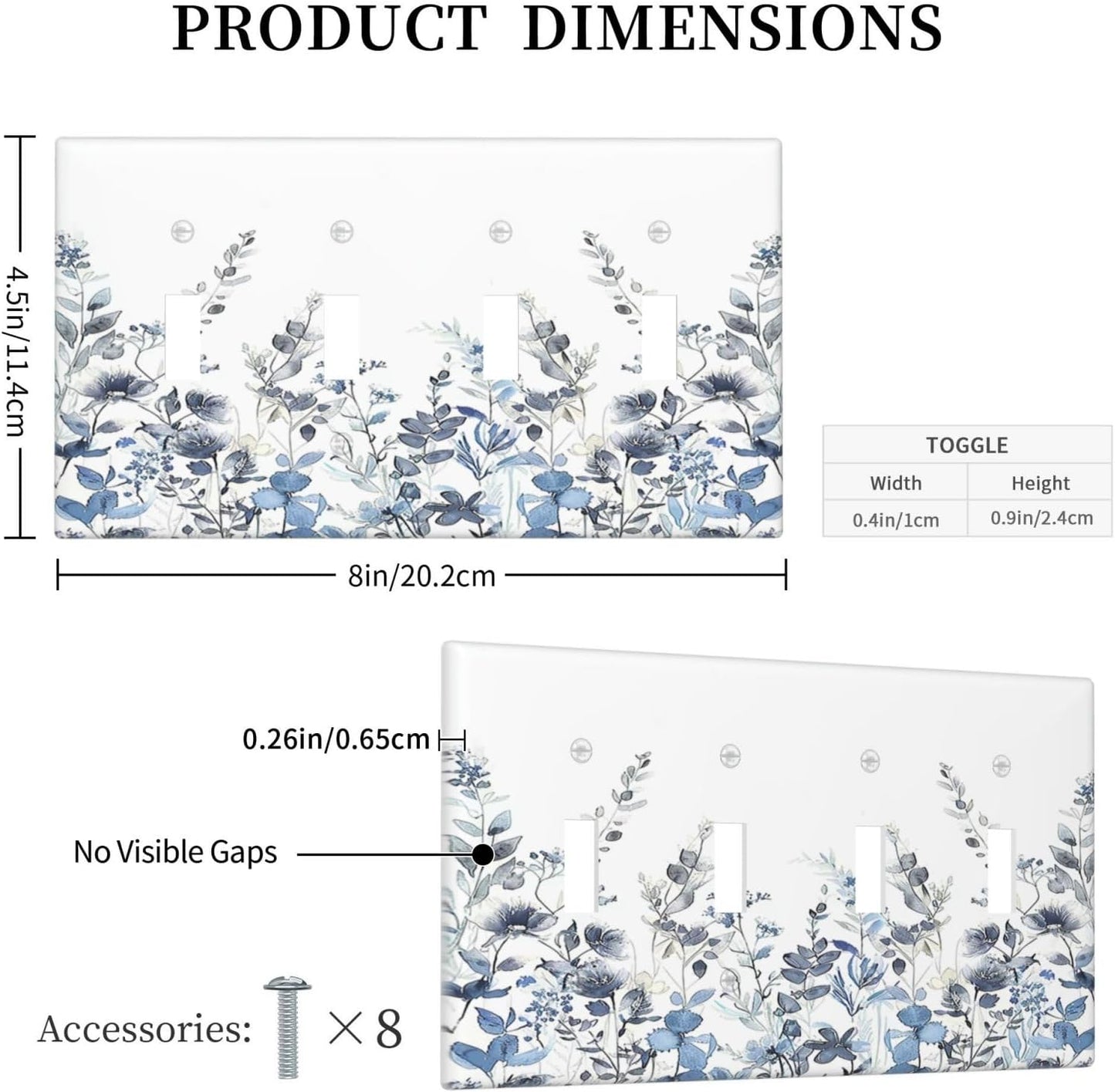 Light Switch Covers Light Blue Watercolor Leaves Plant With Floral Quad Toggle Electrical Faceplate 4 Gang Wall Plate Decorative Switch Plates for Bedroom Bathroom Decor