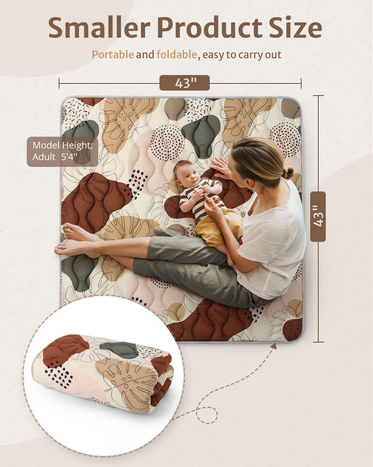Blissful Diary Portable Baby Play Mats for Floor, Thicken Cushioned Foldable Baby Crawling Mat for Indoor Outdoor, Non-Slip & Washable Kids Playmat for Tummy Time Activity, Boho 43" X 43"