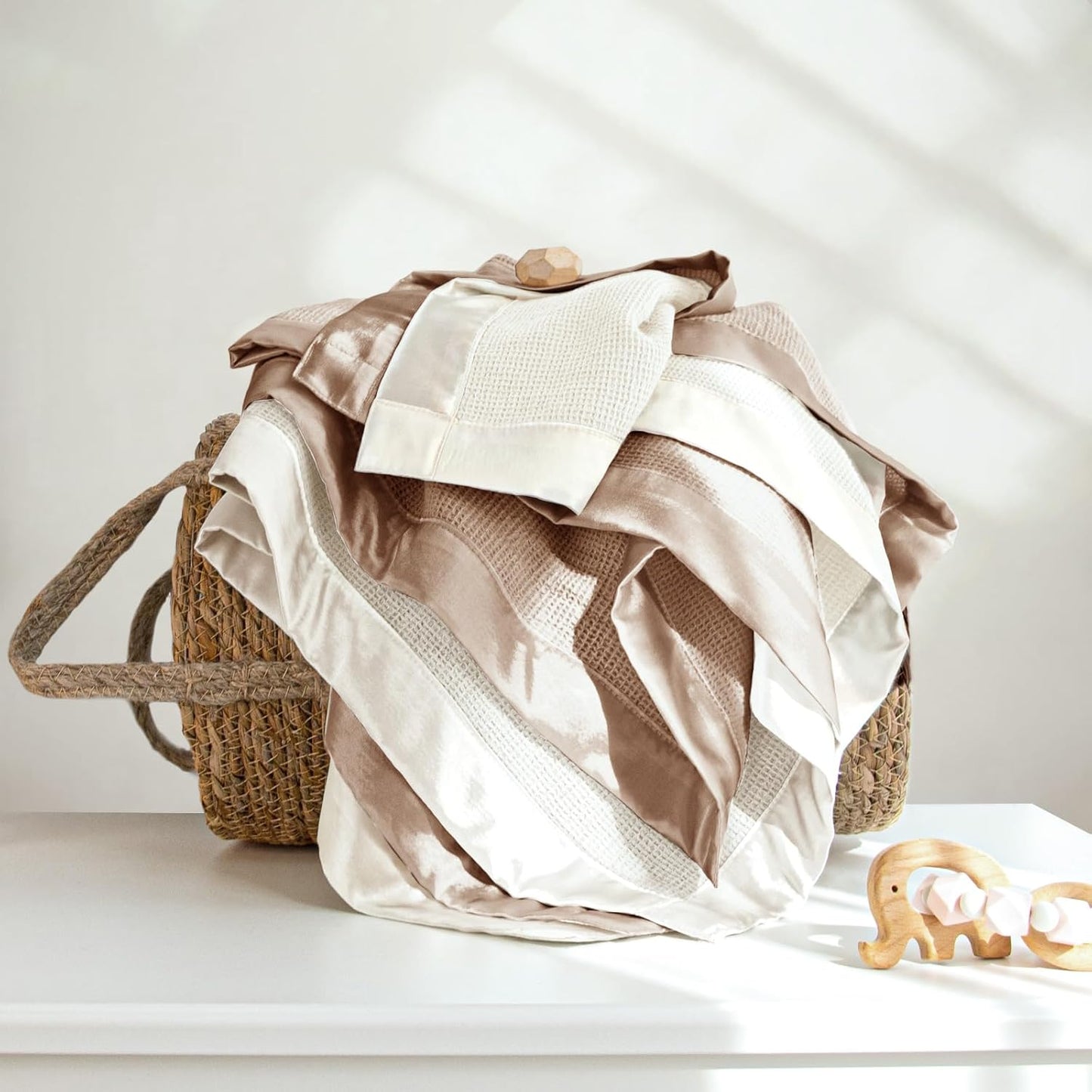 lulumoon Swaddle Baby Blanket: Waffle Blanket with Satin Trim - Breathable Toddler Blankets Perfect for Nursing Cover and Playtime - Cotton Crib Quilt for Daytime Naps 40"x36"(Cream)