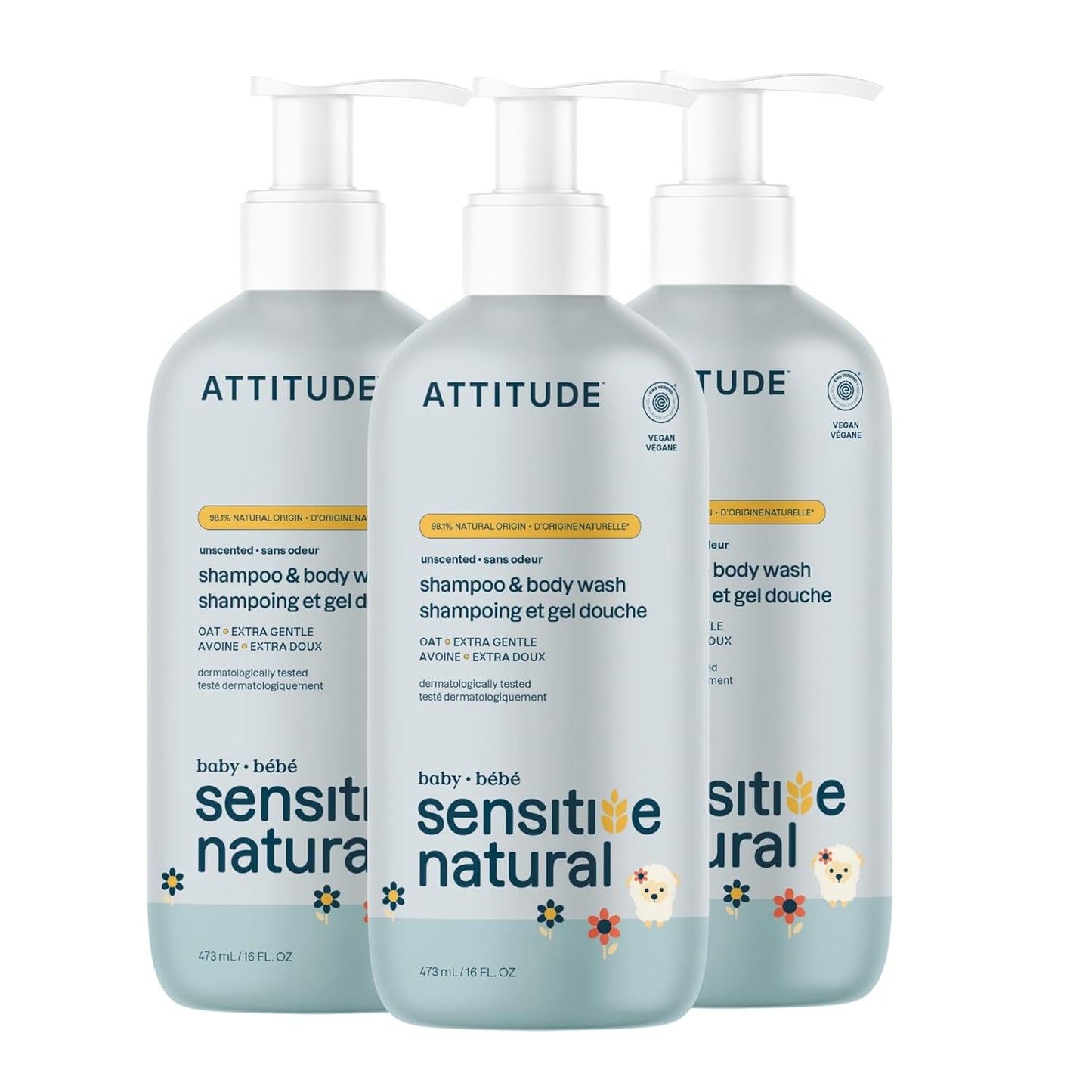 ATTITUDE 2-in-1 Shampoo and Body Wash for Baby, EWG Verified, Plant- and Mineral-Based Ingredients, Vegan Products for Sensitive Skin, Unscented, 16 Fl Oz (Pack of 3)