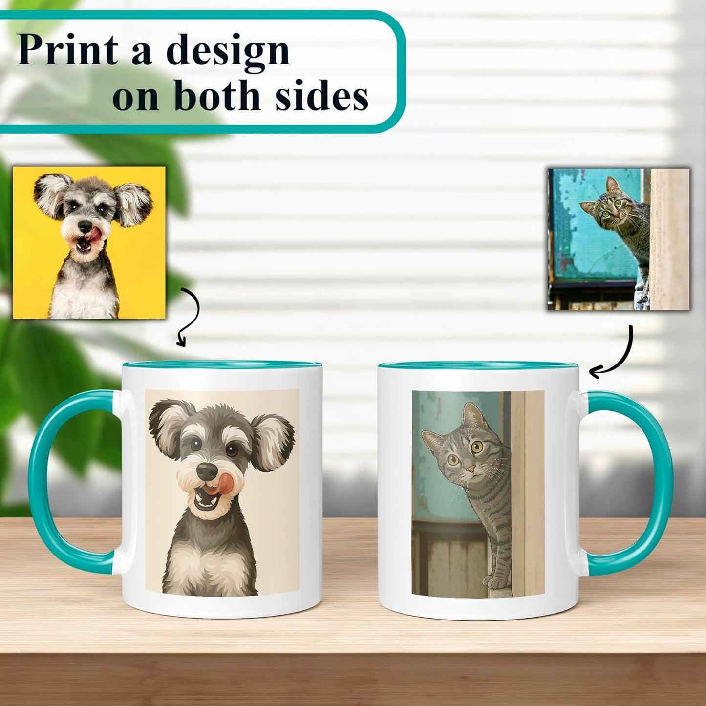 Personalized Coffee Mug, Custom Drawing Portrait Gift, Funny Customized Coffee Gift for Men & Women, Custom Mugs with Pictures, Teal 11oz Customized Ceramic Tea Cup