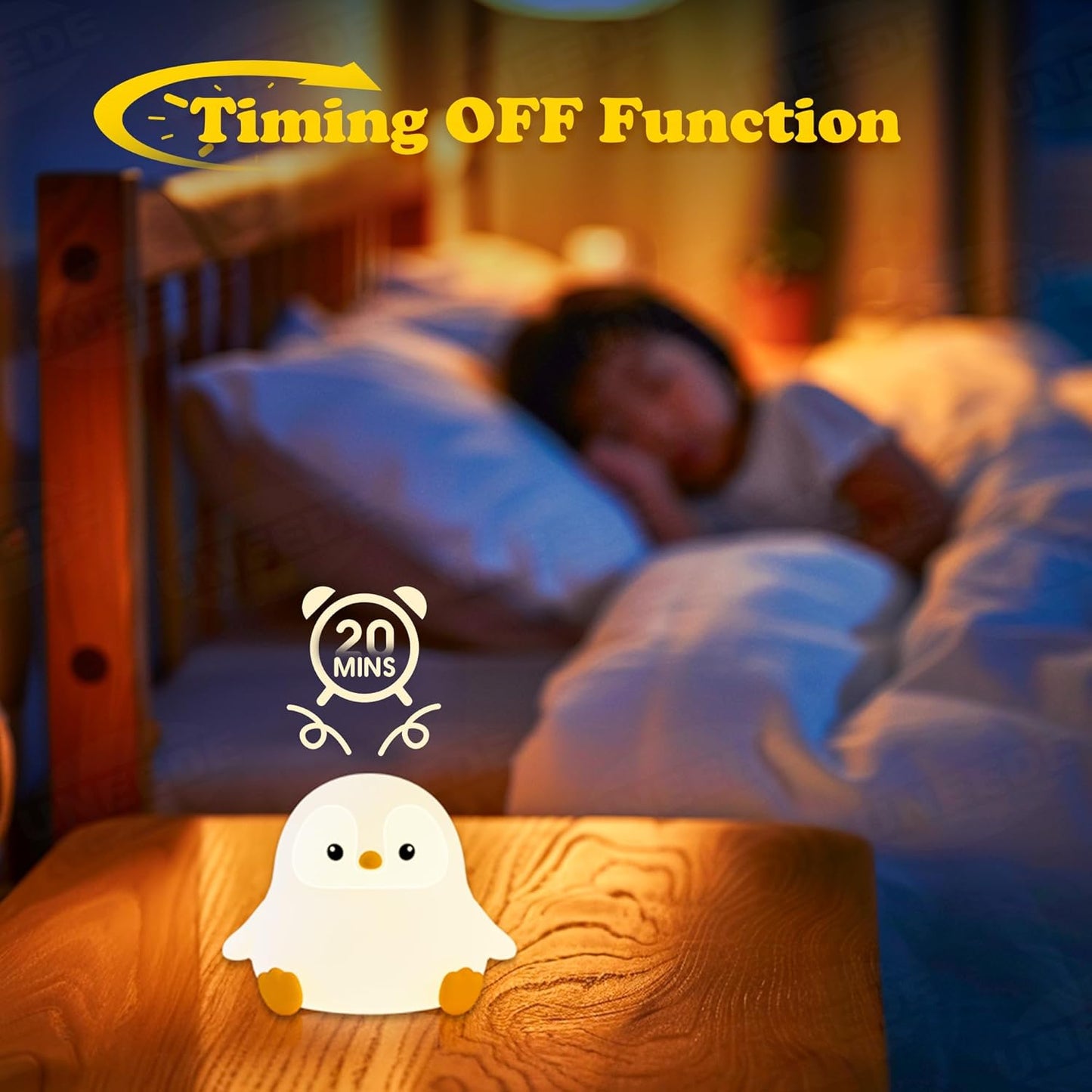 UNEEDE Sitting Penguin Night Light with Removable Floppy Bunny Ears - Silicone Touch Lamp, USB Rechargeable, Dimmable Nursery Light for Kids & Holiday Decor