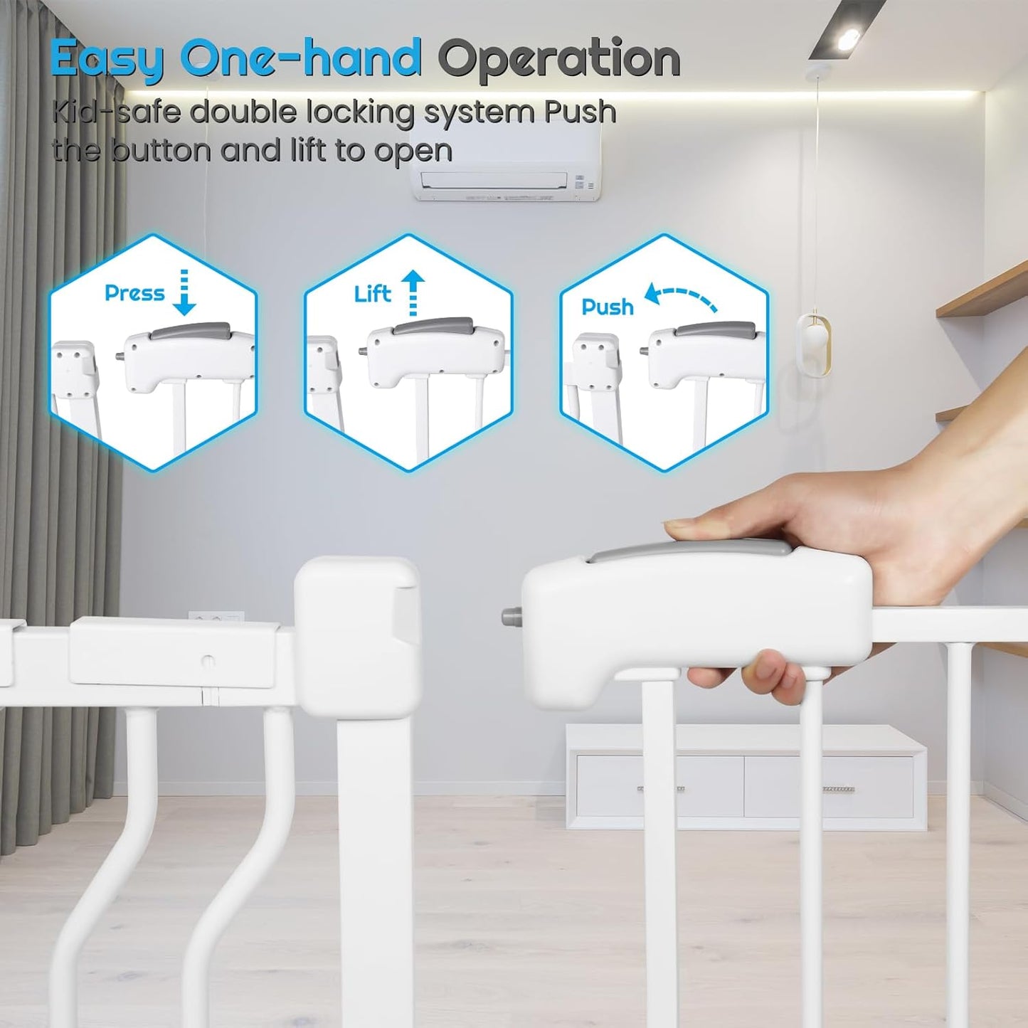 Extra Wide Baby Gate for Stairs Doorways with Door, 30" Tall 75.8-85" Wide Easy Install Dog Gate Indoor, Safety Metal Pressure Mounted Pet Gate with Walk-Thru Auto Close for The House, White