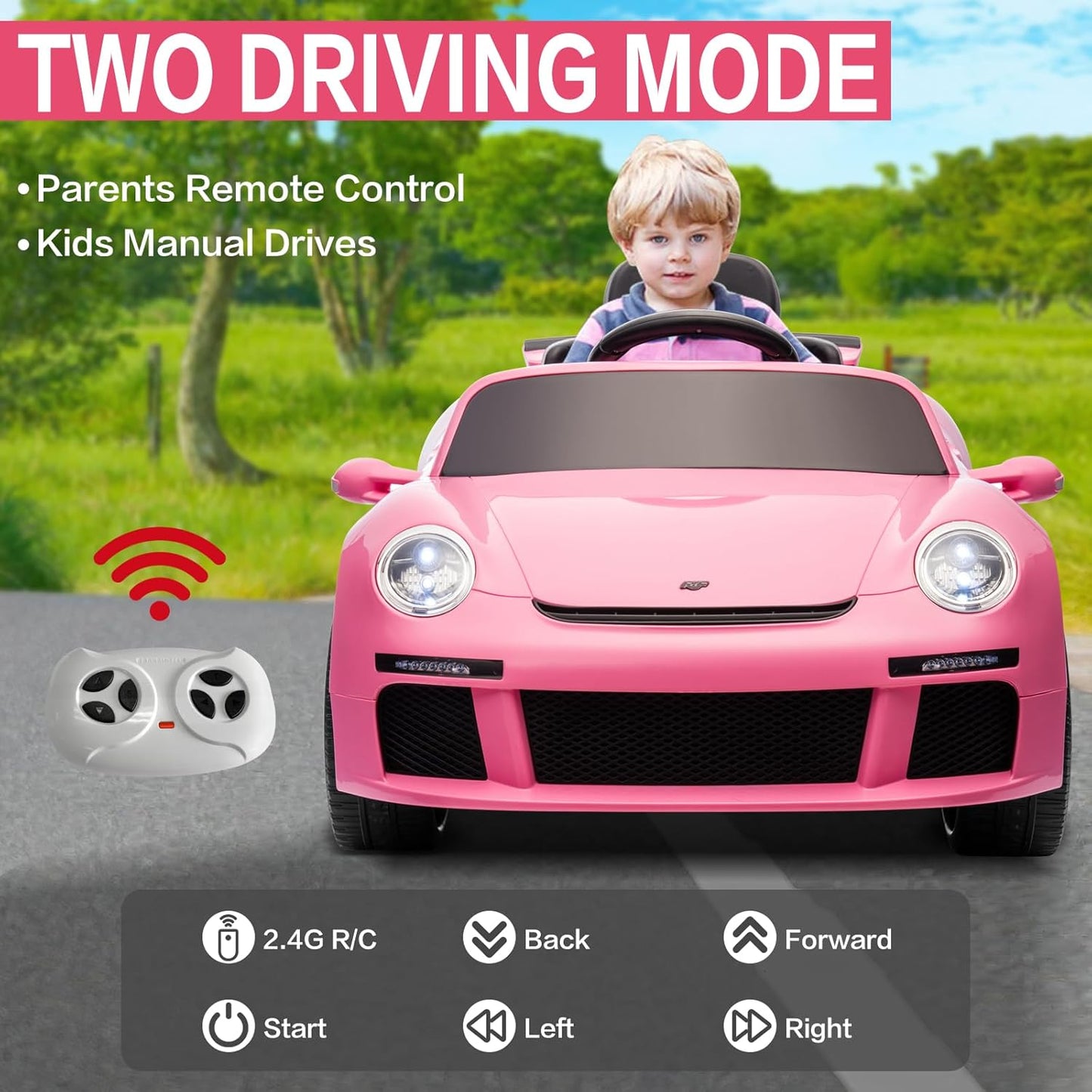 Licensed RUF CTR3 12V Kids Ride On Car with Parent Remote Control, MP3 Player, Battery Powered Electric Toy with 2 Motors, 3 Speeds, LED Lights - Pink
