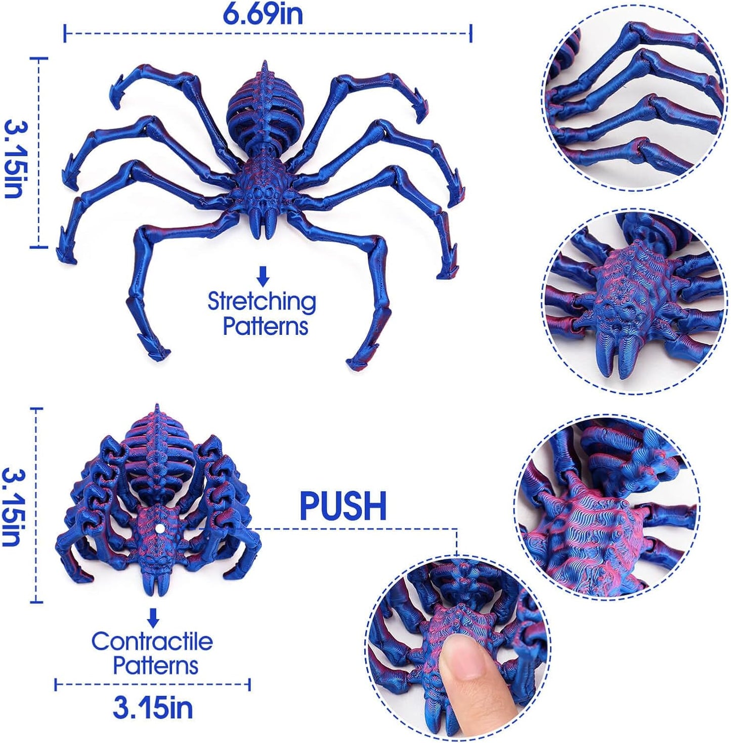 3D Printed Spider Fidget Toys, 1 Pack Articulated Fake Spider Figures Party Favors for Birthday Halloween Christmas, Stress Relief Desk Toys for Classroom Office Home (Laser-purple)