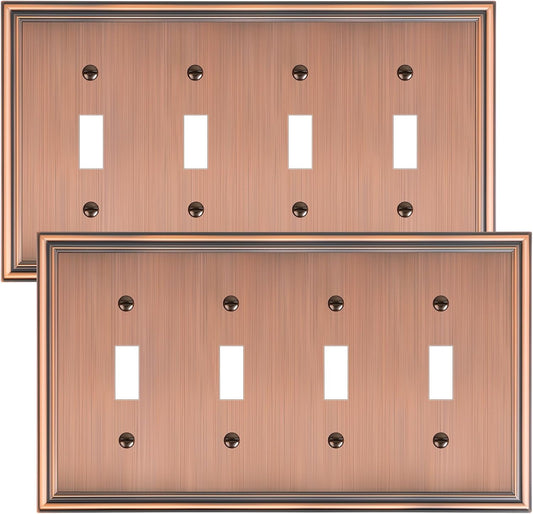 2-Pack Quad Toggle Light Switch Cover Plate, Durable Zinc Alloy Decorative Switch Plate Covers, Antique Copper 4 Gang Wall Plate for Toggle Light Switch and Rotary Dimmer Switch
