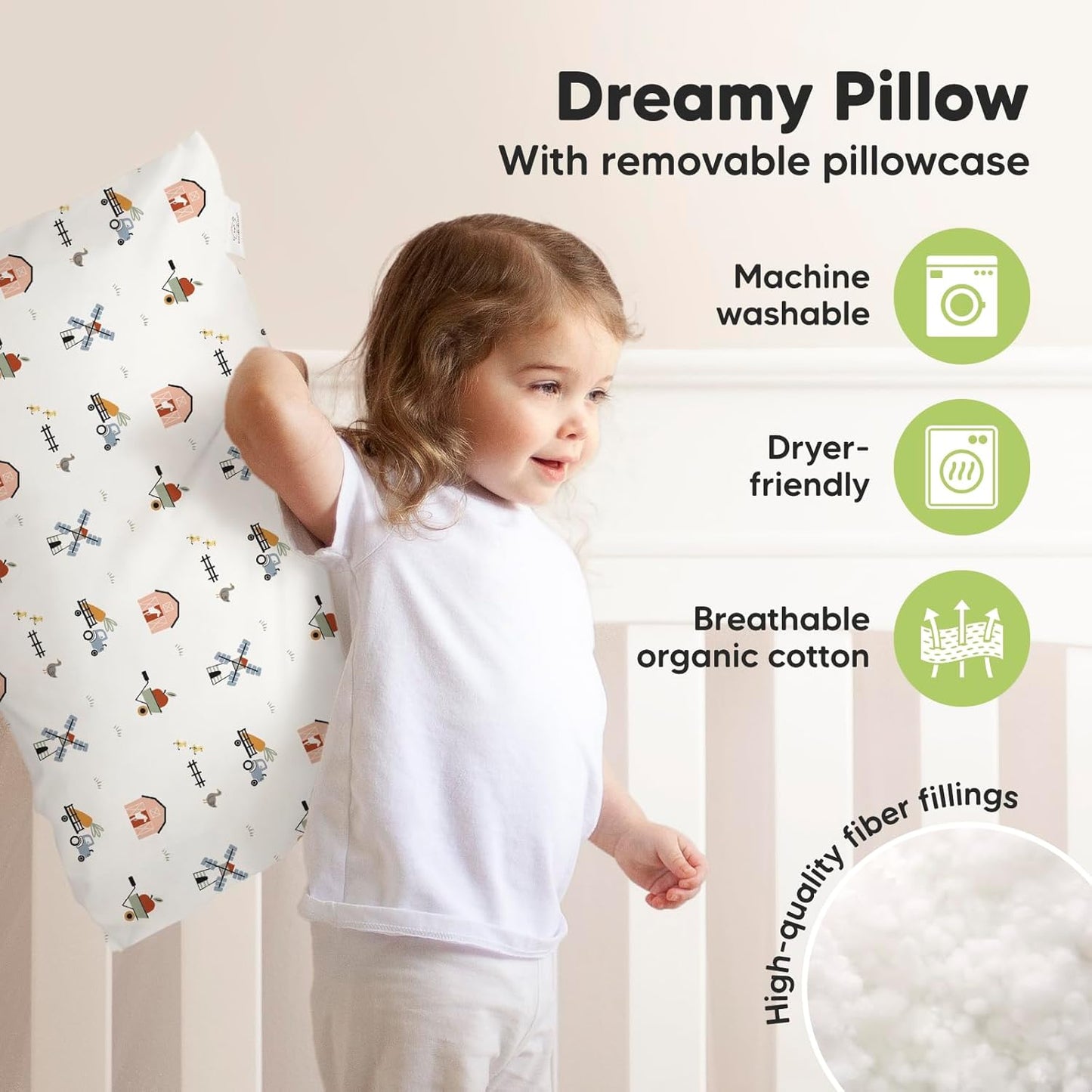 KeaBabies Toddler Pillow with Pillowcase, Jumbo 14X20 - Soft Organic Cotton Toddler Pillows for Sleeping - Machine Washable - Perfect for Travel, Toddler Bed Set (Barn)